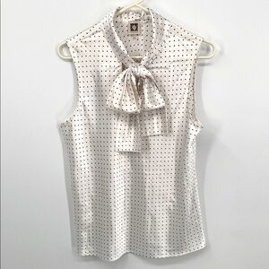 Anne Klein White Sleeveless Blouse with Black Polka Dots and Tie Front Size L